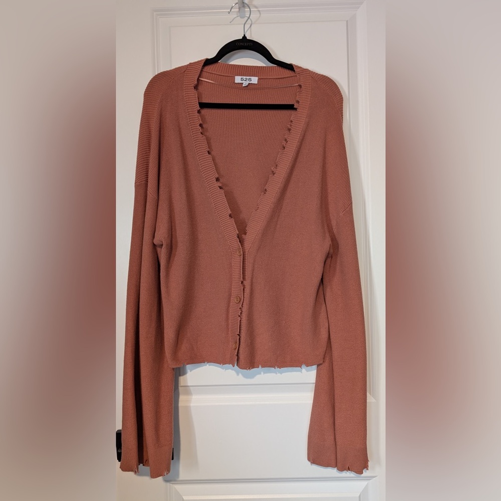 525 Women’s Distressed Edge Bell Sleeve Cotton Cardigan Rust Size Medium